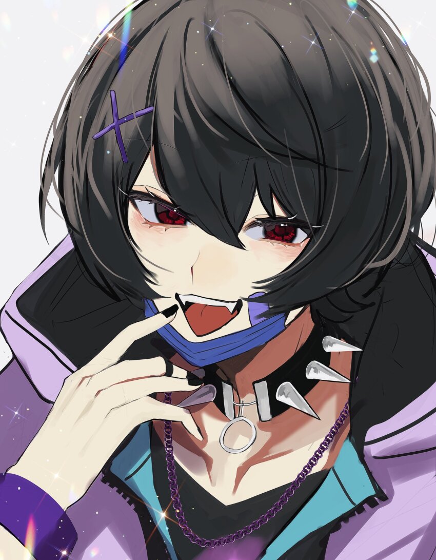 1boy, black_hair, black_nails, black_shirt, chain, chain_necklace, collar, ensemble_stars!