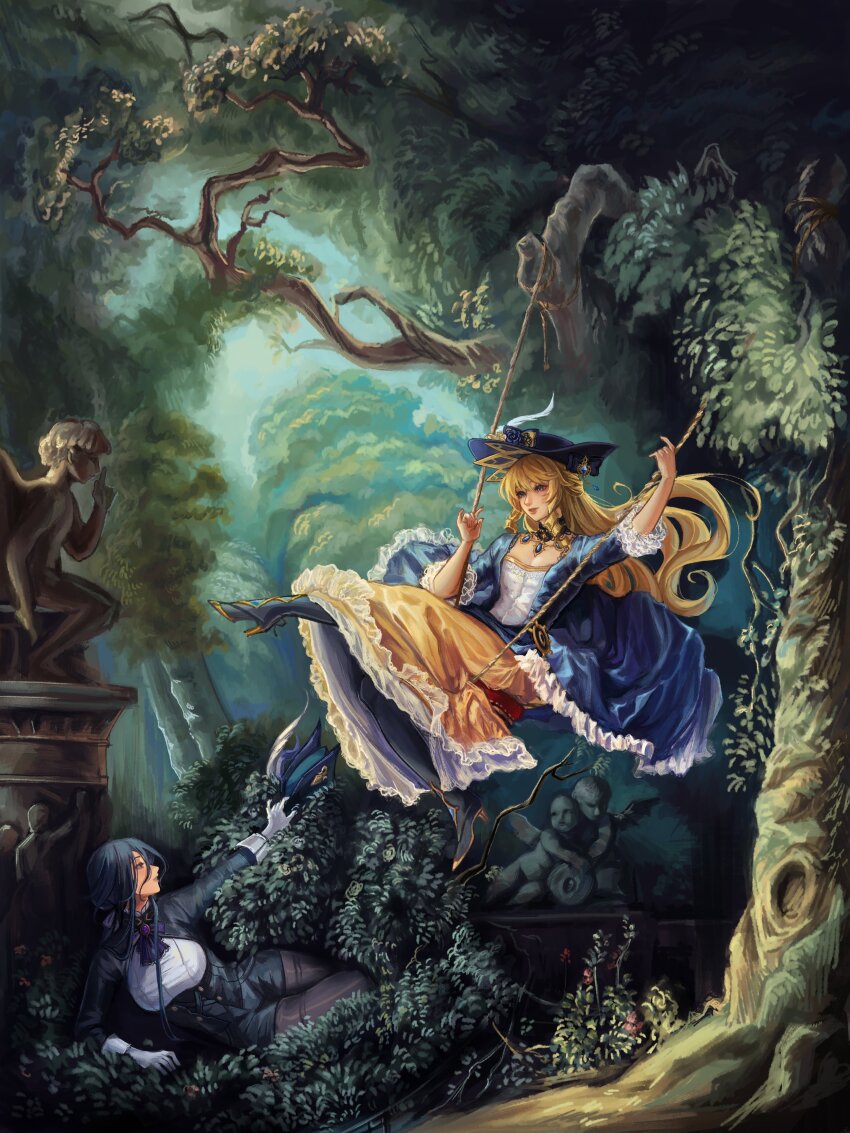 2girls, absurdres, blonde_hair, blue_eyes, blue_gem, blue_hair, blue_headwear, blue_jacket, clorinde_(genshin_impact), dark_blue_hair, gem, genshin_impact, highres, jacket, leo_(ghouleo), long_hair, multiple_girls, navia_(genshin_impact), orange_skirt, scene_reference, shirt, skirt, statue, swing, swinging, the_swing, tree, white_shirt