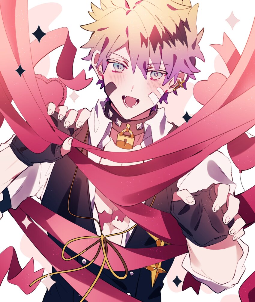 1boy, akuma_shitsuji_to_kuroi_neko, bandaid, bandaid_on_cheek, bandaid_on_face, black_collar, black_gloves, black_vest, blonde_hair, collar, collared_shirt, earrings, fingerless_gloves, gloves, heart, highres, jewelry, lock, long_sleeves, lono_fontaine, ma2uwa, male_focus, multicolored_hair, purple_hair, red_ribbon, ribbon, shirt, short_hair, smile, solo, star_(symbol), teeth, vest, white_background, white_shirt