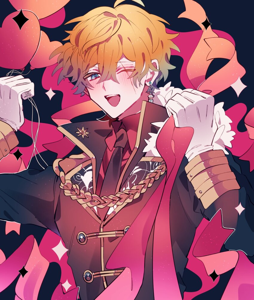 1boy, ahoge, akuma_shitsuji_to_kuroi_neko, aqua_eyes, black_jacket, black_necktie, blue_background, blue_hair