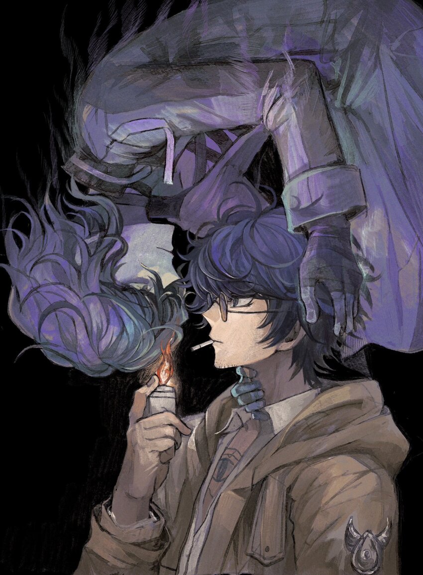 2boys, black_background, blue_eyes, blue_hair, cigarette, closed_mouth, coat, collared_shirt