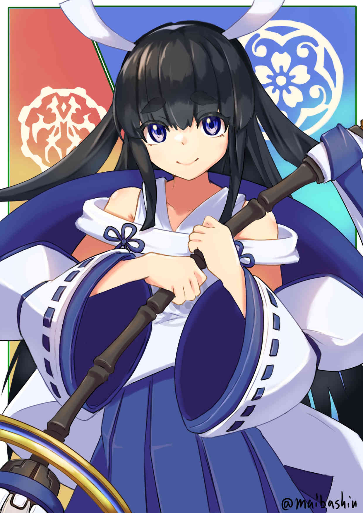 1girl, bare_shoulders, black_hair, detached_sleeves, duel_monster, highres, holding, holding_stick, japanese_clothes, long_hair, long_sleeves, meda_otoko, miko, purple_eyes, shinonome_the_vaylantz_priestess, solo, stick, thick_eyebrows, twitter_username, wide_sleeves, yu-gi-oh!