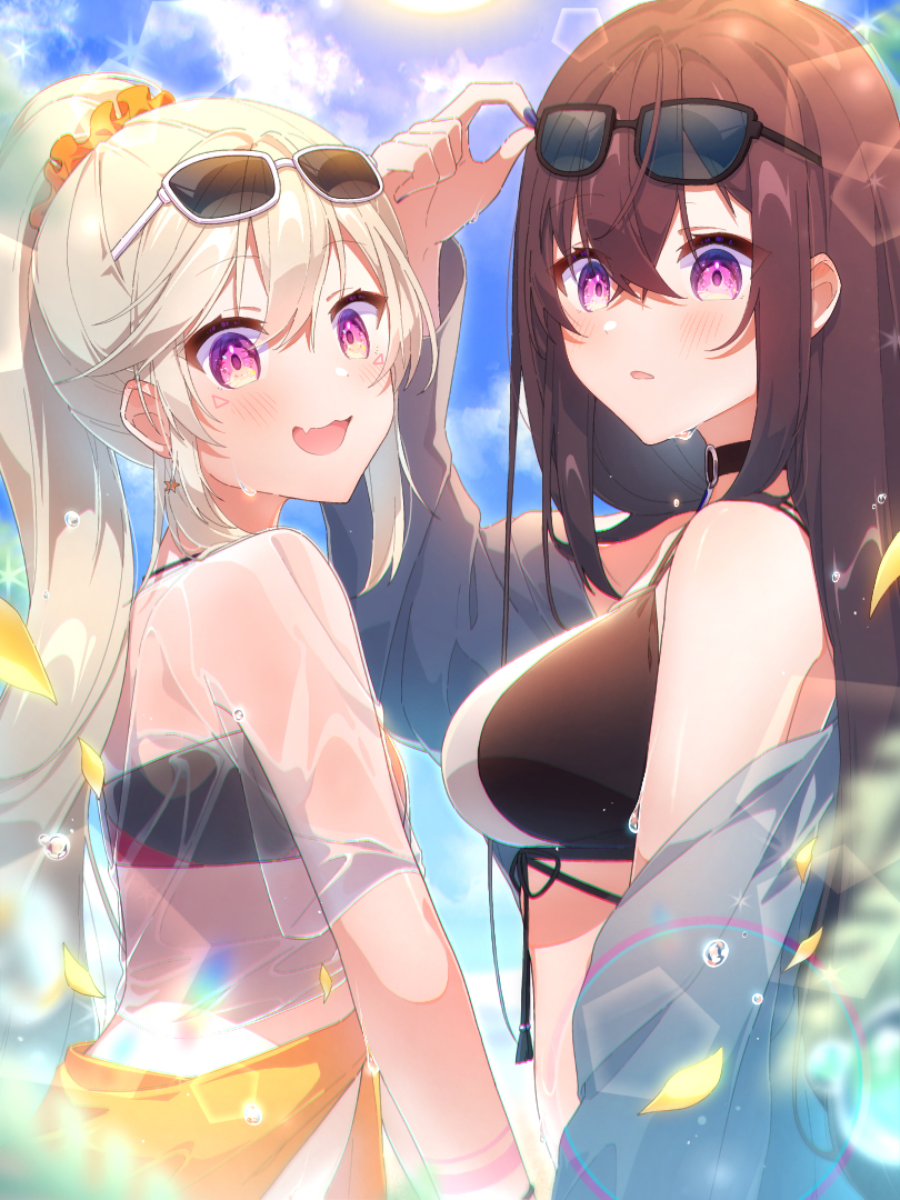 2girls, :3, :d, :o, bandeau, bikini, black_bandeau, black_bikini, black_collar, blue_bikini, blush, breasts, brown_hair, clothes_around_waist, cloud, collar, crossed_bangs, eyewear_on_head, facial_mark, grey_hair, hair_ornament, hair_scrunchie, ichinose_uruha, ichinose_uruha_(summer_c102), jacket, jacket_around_waist, komori_met, komori_met_(summer_c102), lens_flare, long_hair, looking_at_viewer, medium_breasts, multi-strapped_bikini, multicolored_bikini, multiple_girls, nea_369, off_shoulder, official_alternate_costume, open_mouth, orange_scrunchie, petals, ponytail, purple_eyes, red_bikini, scrunchie, see-through_clothes, sky, smile, sunglasses, swimsuit, triangle, triangle_facial_mark, two-tone_bikini, very_long_hair, virtual_youtuber, vspo!, white_bikini
