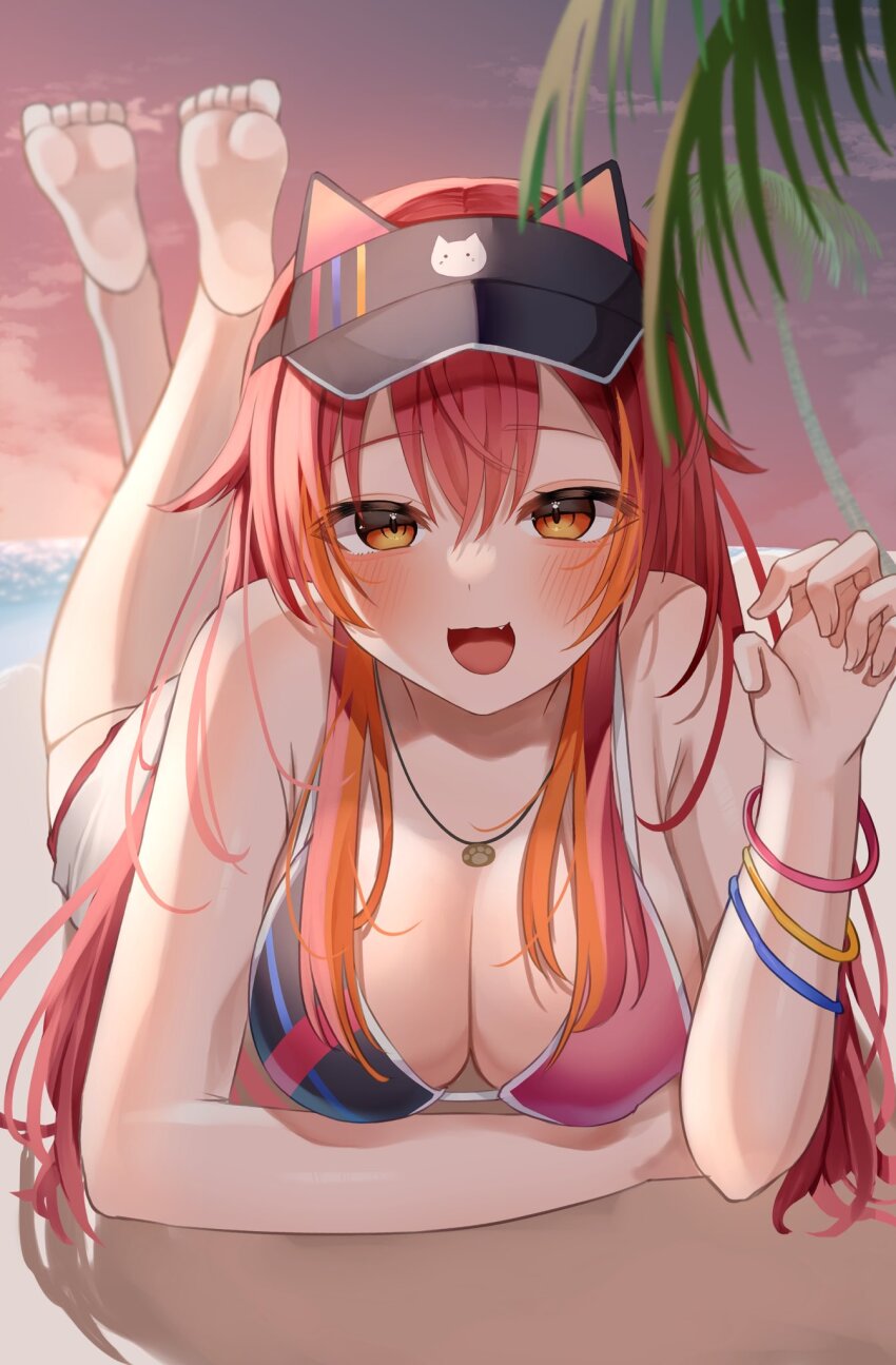 1girl, :3, :d, artistic_error, bikini, black_hat, blush, bracelet, breasts, fang, feet, feet_up, hat, highres, jewelry, large_breasts, long_hair, looking_at_viewer, lying, multicolored_bikini, multicolored_hair, necklace, nekota_tsuna, nekota_tsuna_(summer_c102), odashisan, on_stomach, open_mouth, orange_eyes, orange_hair, pink_bikini, red_hair, short_shorts, shorts, smile, soles, solo, streaked_hair, swimsuit, the_pose, very_long_hair, virtual_youtuber, visor_cap, vspo!, white_shorts