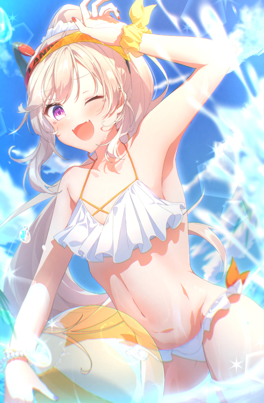 1girl, ;d, armpits, ball, beachball, bikini, blue_sky, blush