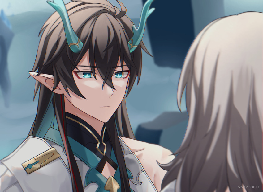 1boy, 1girl, akishiorin, aqua_eyes, black_hair, commentary_request, dan_heng_(honkai:_star_rail), dan_heng_(imbibitor_lunae)_(honkai:_star_rail)