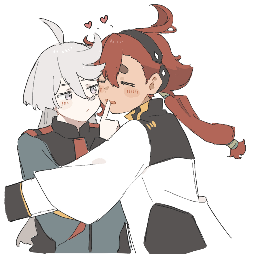 2girls, absurdres, asticassia_school_uniform, blush_stickers, closed_eyes, commentary_request, finger_to_another's_mouth, grey_eyes