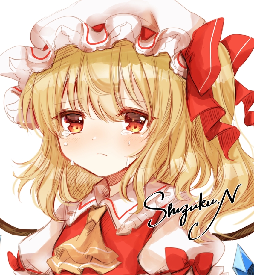 1girl, artist_name, ascot, blonde_hair, breasts, closed_mouth, crying, crying_with_eyes_open, crystal, flandre_scarlet, frilled_shirt_collar, frills, frown, hair_between_eyes, hat, hat_ribbon, highres, looking_at_viewer, medium_hair, mob_cap, nagisa_shizuku, one_side_up, puffy_short_sleeves, puffy_sleeves, red_eyes, red_ribbon, red_vest, ribbon, shirt, short_sleeves, simple_background, small_breasts, solo, tears, touhou, upper_body, vest, white_background, white_hat, white_shirt, wings, yellow_ascot