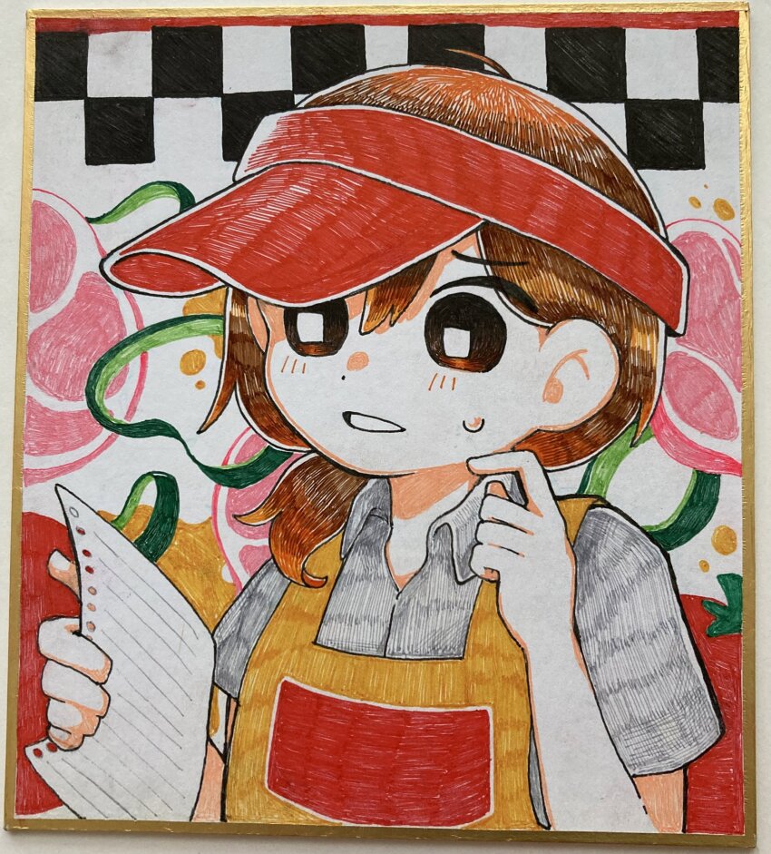 1boy, 720m_orange, alternate_costume, alternate_hairstyle, apron, blush, brown_eyes, brown_hair, collared_shirt, grey_shirt, highres, holding, holding_paper, kel_(faraway)_(omori), kel_(omori), omori, paper, parted_lips, red_headwear, shirt, solo, sweatdrop, upper_body, yellow_apron