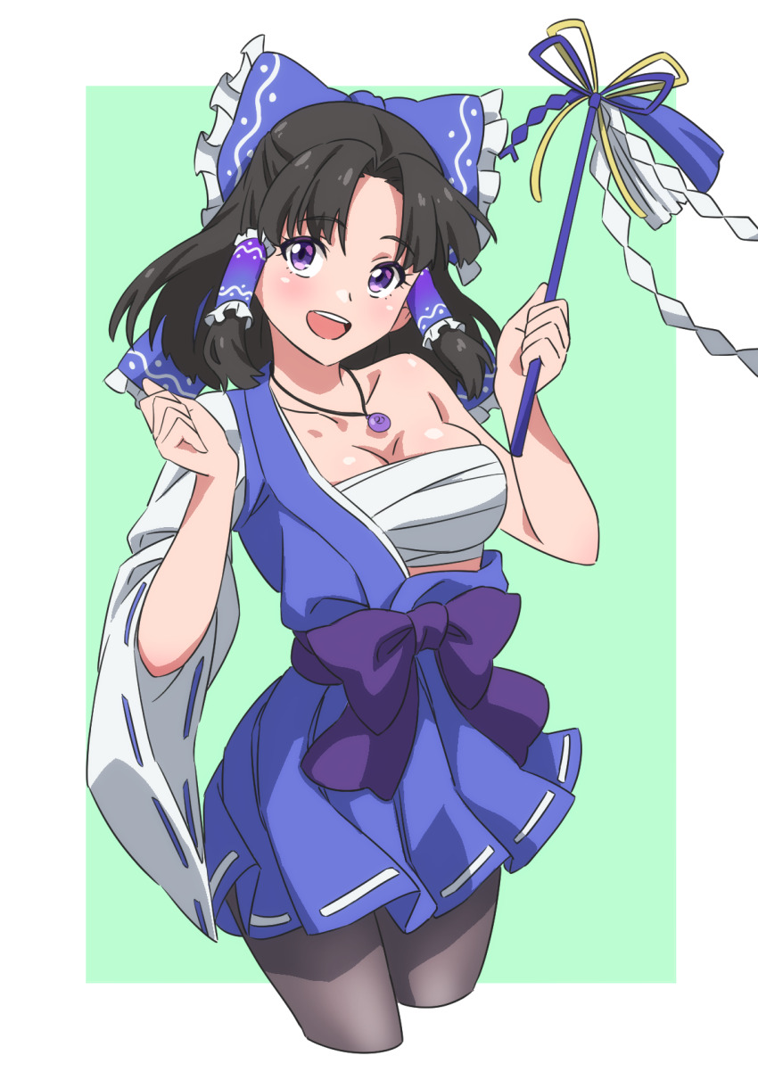 1girl, black_hair, blue_bow, blue_dress, blue_eyes, bow, breasts, chest_sarashi