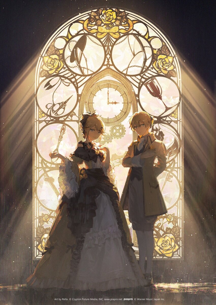1boy, 1girl, aku_no_meshitsukai_(vocaloid), aku_no_musume_(vocaloid), allen_avadonia, ascot, backlighting, bare_shoulders, black_bow, black_ribbon, blazer, blonde_hair, bow, brother_and_sister, buckle, choker, clock, clockworker's_doll, collared_dress, colored_eyelashes, detached_collar, dress, dress_bow, dress_flower, evillious_nendaiki, flower, four_mirrors_of_lucifenia, frilled_choker, frilled_dress, frilled_sleeves, frills, gears, glass_of_conchita, grey_shorts, grim_the_end, hair_bow, hair_ornament, hair_ribbon, hairclip, half-closed_eyes, hand_on_own_chest, high_collar, high_ponytail, highres, jacket, kagamine_len, kagamine_rin, light_particles, looking_at_viewer, marlon_spoon, miku_symphony_(vocaloid), narrow_waist, off-shoulder_dress, off_shoulder, official_art, open_clothes, open_jacket, parted_lips, petticoat, ponytail, rella, ribbon, riliane_lucifen_d'autriche, rose, shoes, short_ponytail, shorts, siblings, sideways_glance, smile, socks, stained_glass, swept_bangs, twin_blades_of_levianta, twins, two-tone_dress, updo, venom_sword, vessel_of_sin, vocaloid, white_socks, wide_sleeves, window, yellow_dress, yellow_flower, yellow_jacket, yellow_rose