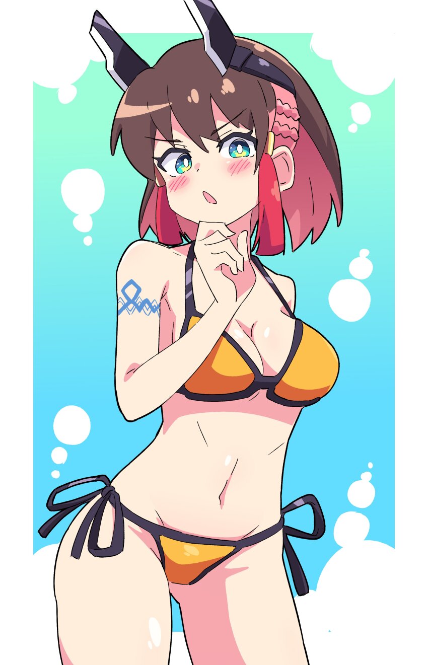 1girl, absurdres, azure_striker_gunvolt, azure_striker_gunvolt_3, bare_shoulders, bikini, blush, body_markings