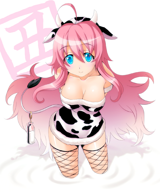 1girl, ahoge, animal_costume, animal_ears, animal_print, arms_behind_back, blue_eyes, blush, bottle, breasts, cleavage, cow_costume, cow_ears, cow_girl, cow_horns, cow_print, cow_tail, female_focus, fishnet_thighhighs, fishnets, horns, ism, ism_(inc), large_breasts, long_hair, milk, original, pink_hair, ripples, smile, solo, tail, thighhighs, very_long_hair, wading
