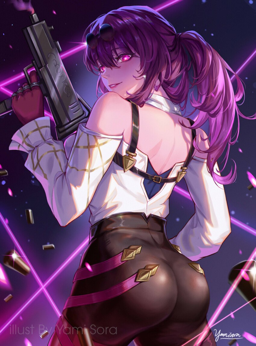 1girl, absurdres, ass, bare_shoulders, black_shorts, chinnpou, commentary, cowboy_shot