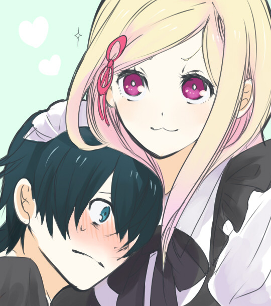 10s, 1boy, 1girl, :3, blonde_hair, blush, crossdressing, maid