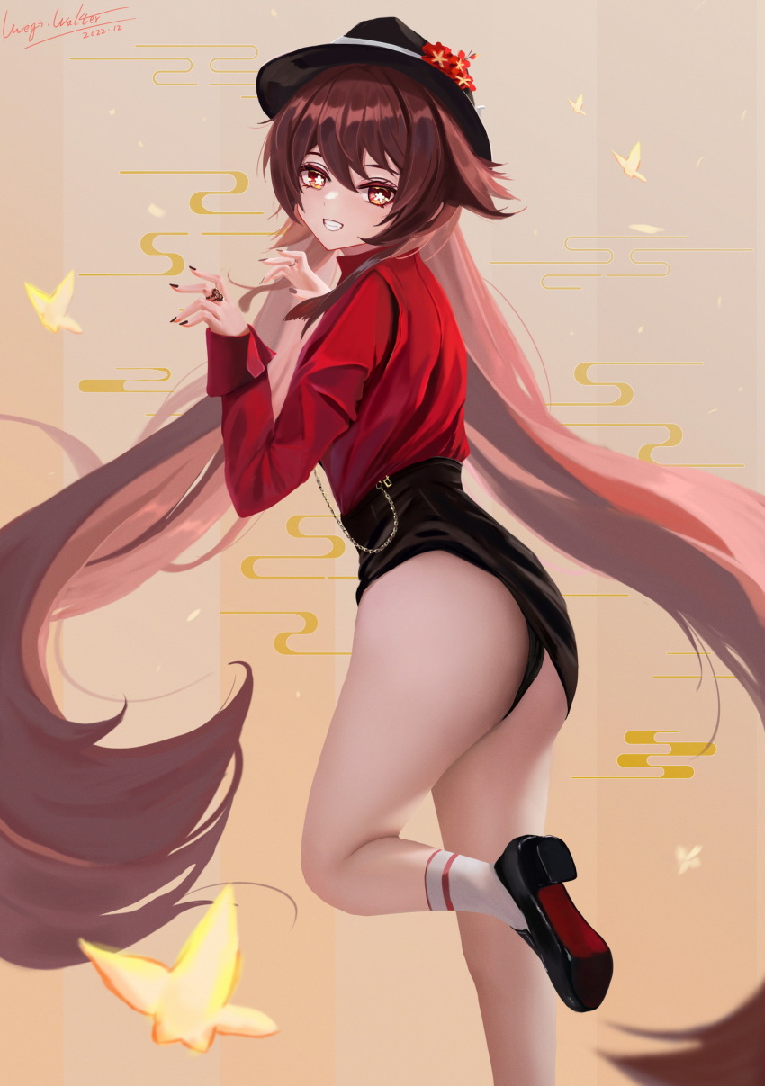 1girl, ass, black_footwear, black_hat, black_nails, black_panties, black_skirt, brown_background, brown_hair, bug, butterfly, clothes_lift, commentary_request, dated, floating_hair, flower, flower-shaped_pupils, foot_out_of_frame, foot_up, from_side, genshin_impact, ghost_pose, grin, hair_flaps, hat, hat_flower, high-waist_skirt, high_heels, highres, hu_tao_(genshin_impact), hu_tao_(oneplus)_(genshin_impact), insect, jewelry, long_hair, long_sleeves, looking_at_viewer, meginalter, nail_polish, official_alternate_costume, paid_reward_available, panties, pencil_skirt, plum_blossoms, red_eyes, red_shirt, ring, shirt, signature, skirt, skirt_lift, smile, socks, solo, standing, standing_on_one_leg, symbol-shaped_pupils, teeth, thighs, turtleneck, twintails, underwear, very_long_hair, white_socks
