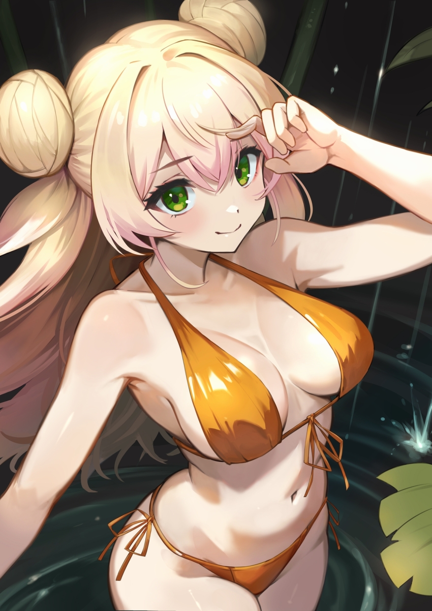 1girl, bikini, blonde_hair, breasts, double_bun, front-tie_top, green_eyes, hair_bun