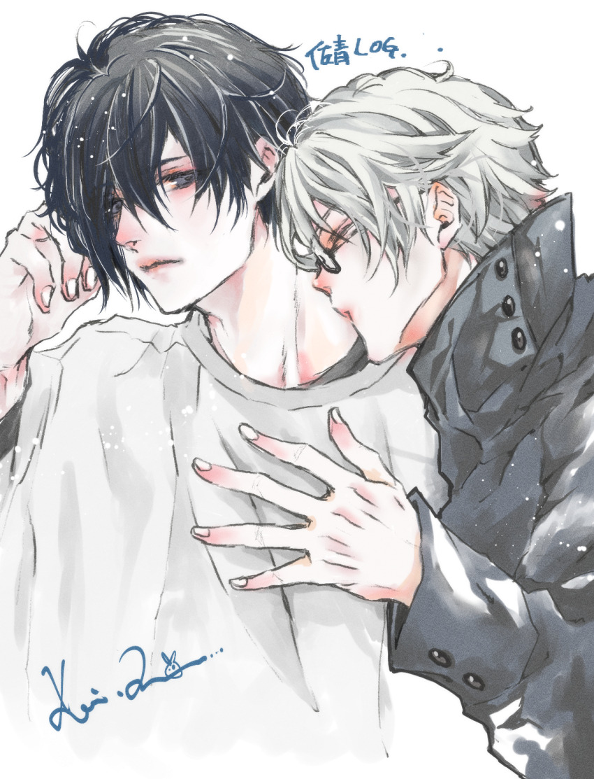 2boys, ao_no_orchestra, aono_hajime, black_coat, black_eyes, black_hair, closed_eyes, coat