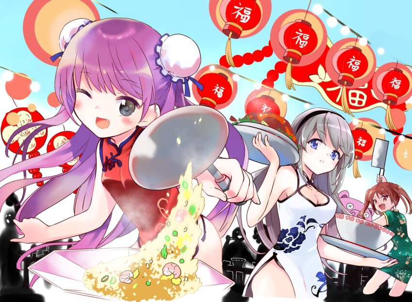 3girls, :d, alternate_costume, bare_arms, bare_shoulders, black_hairband, blue_eyes, blue_sky