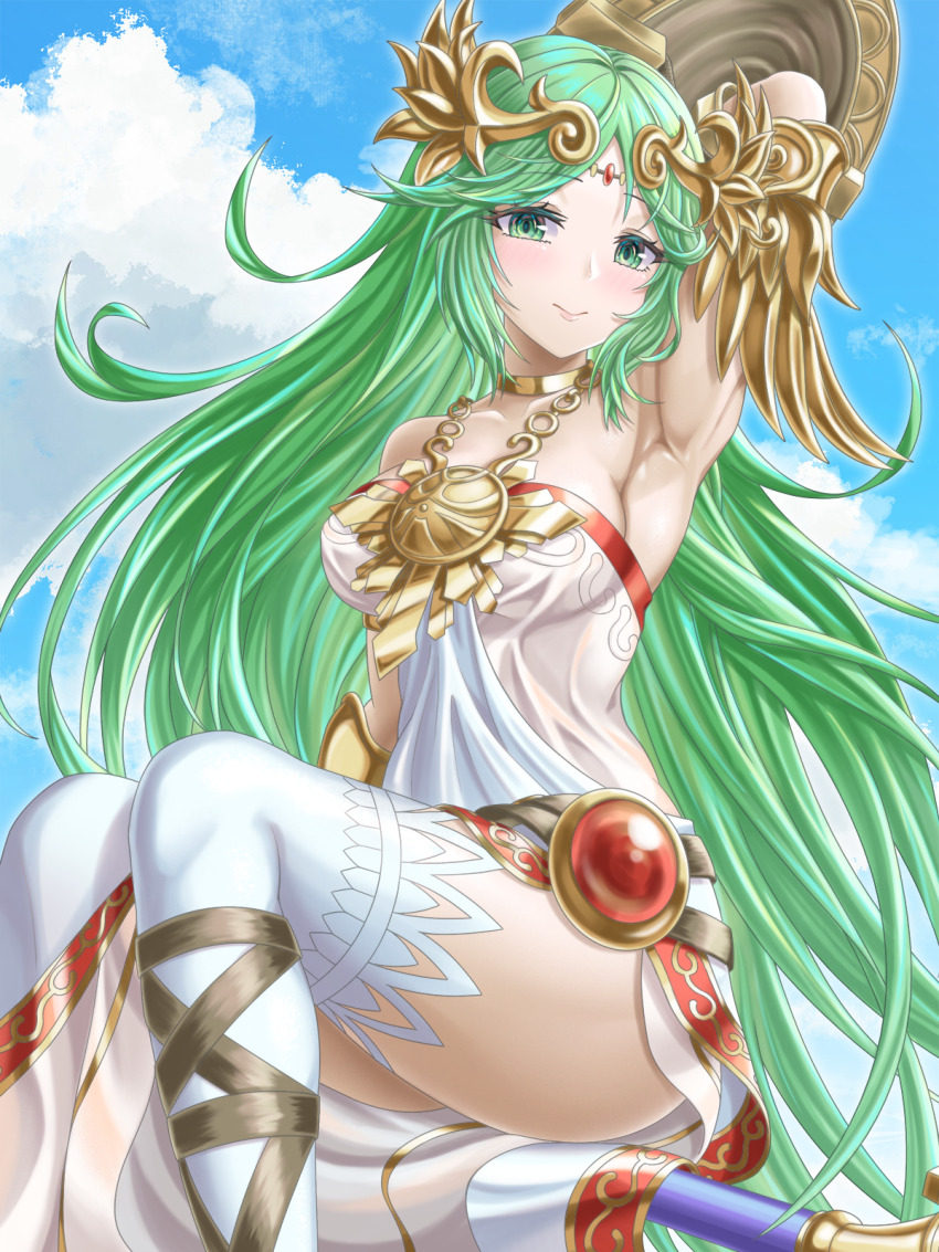 1girl, ancient_greek_clothes, arm_up, armlet, armpits, bare_shoulders, belt_buckle, blush