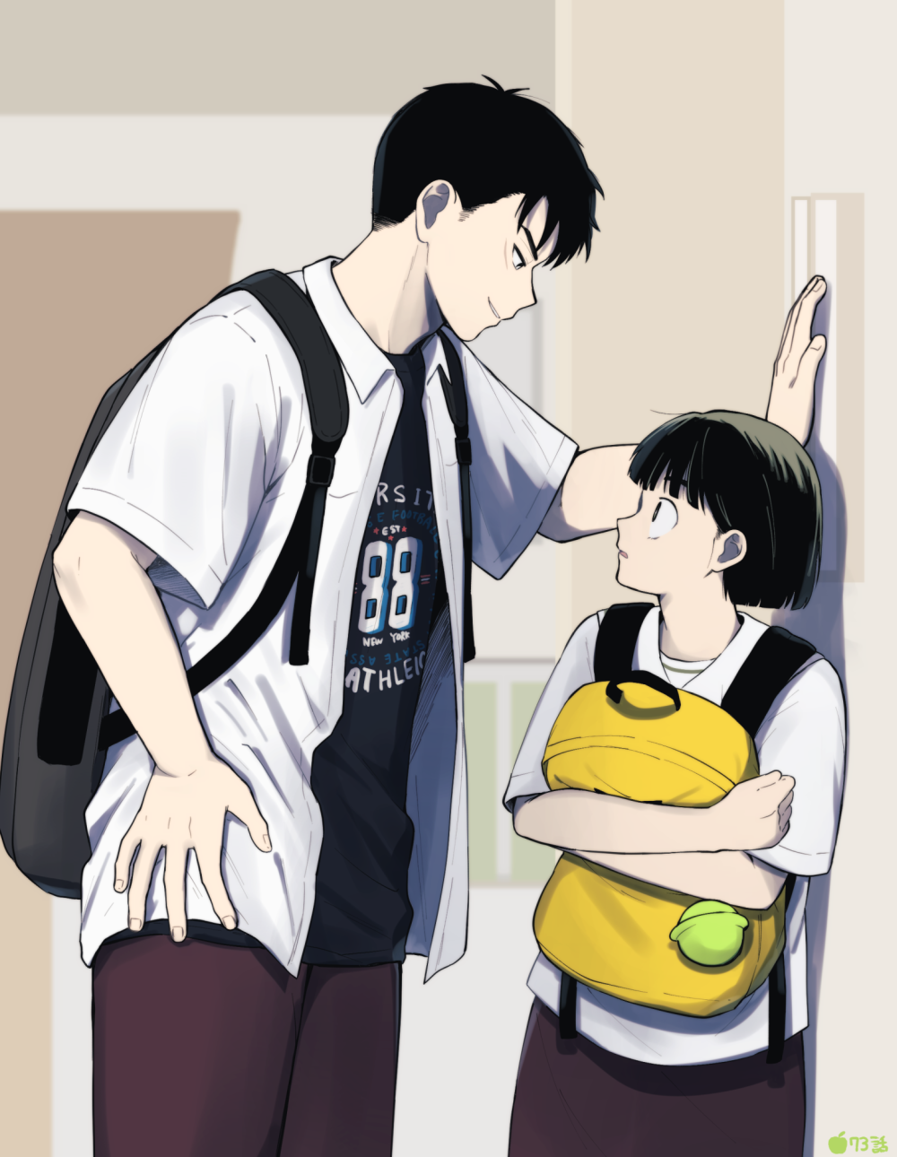 1boy, 1girl, after_school_lessons_for_unripe_apples, backpack, bag, black_eyes, black_hair, eye_contact, hand_on_own_hip, height_difference, hetero, highres, holding, holding_bag, hwang_mi-ae, indoors, kabedon, kim_cheol, looking_at_another, school_uniform, shirt, short_hair, short_sleeves, standing, tohachi, white_shirt