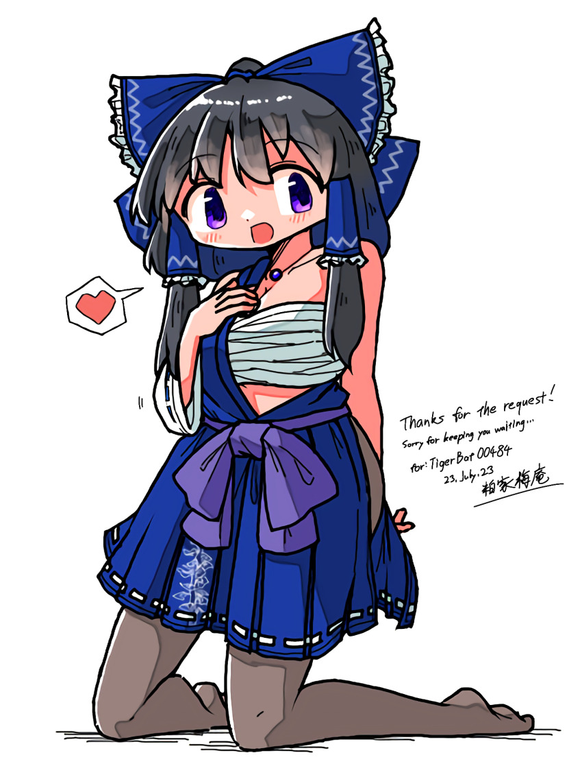 1girl, :d, arm_behind_back, bare_shoulders, black_hair, blue_bow, blue_dress, blue_eyes, blush, bow, breasts, chest_sarashi, cleavage, commission, dress, floral_print, frilled_hair_tubes, frills, full_body, hair_bow, hair_tubes, hakurei_beimu, hakurei_reimu, hand_up, heart, highres, jewelry, kasuya_baian, kneeling, looking_at_viewer, medium_breasts, necklace, no_shoes, non-web_source, open_mouth, pantyhose, pleated_skirt, purple_bow, purple_eyes, sarashi, simple_background, single_strap, skirt, three-quarter_sleeves, smile, solo, spoken_heart, touhou, white_background, wide_sleeves
