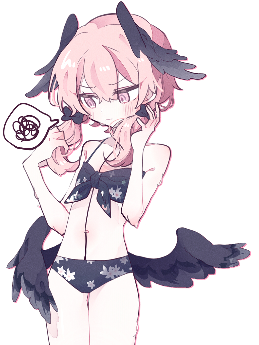 1girl, bikini, black_bikini, black_bow, black_wings, blue_archive, blush, bow, breasts, closed_mouth, commentary, cowboy_shot, english_commentary, feathered_wings, floral_print, front-tie_bikini_top, front-tie_top, hair_between_eyes, hair_bow, hands_up, head_wings, highres, koharu_(blue_archive), koharu_(swimsuit)_(blue_archive), long_hair, low_twintails, low_wings, navel, official_alternate_costume, p_(xop_7i), pink_eyes, pink_hair, print_bikini, simple_background, small_breasts, solo, spaghetti_strap, speech_bubble, spoken_squiggle, squiggle, swimsuit, twintails, white_background, wings