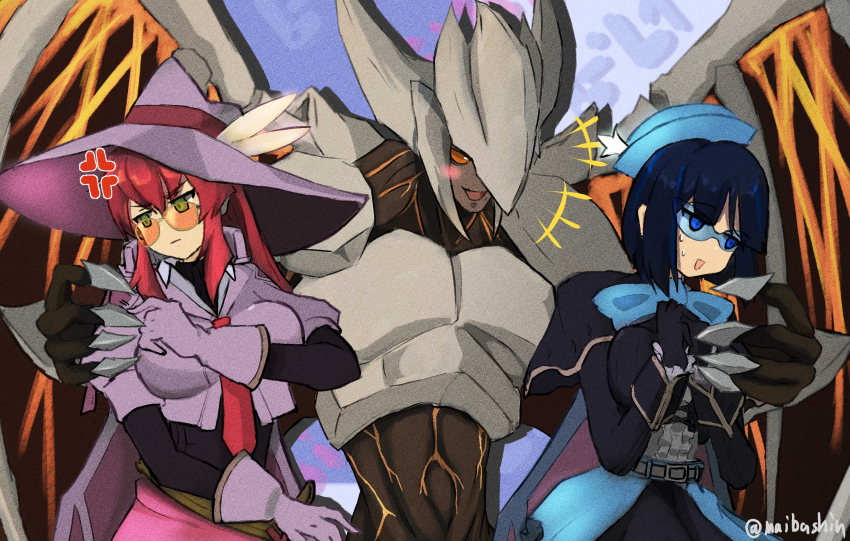 1boy, 2girls, absurdres, arm_around_shoulder, black_gloves, blue_eyes, blush, breasts, brown_eyes, duel_monster, evil_hero_dark_gaia, evil_twin_ki-sikil, evil_twin_lil-la, gloves, green_eyes, hat, hat_feather, highres, ki-sikil_(yu-gi-oh!), large_breasts, lil-la_(yu-gi-oh!), long_hair, long_sleeves, meda_otoko, medium_breasts, multiple_girls, necktie, open_mouth, red_hair, short_hair, short_sleeves, sunglasses, sweatdrop, wings, yu-gi-oh!