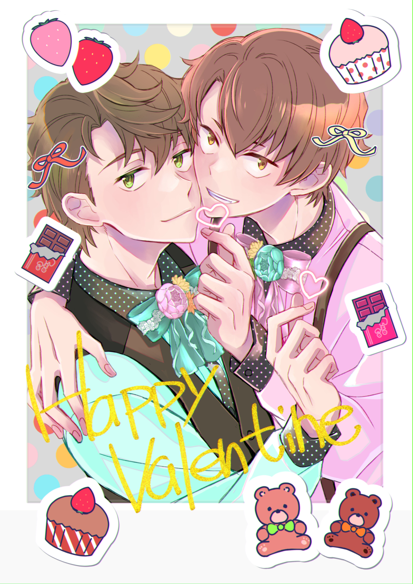 2boys, arm_around_shoulder, bow, brown_hair, candy, chocolate, chocolate_bar, cupcake