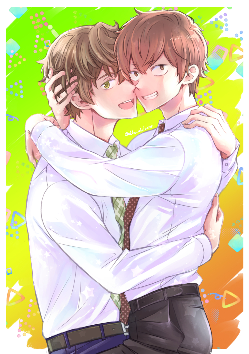 2boys, :d, artist_name, belt, black_pants, brown_hair, doko_dokosan, gradient_background, green_necktie, grin, highres, hug, long_sleeves, male_focus, multiple_boys, necktie, open_mouth, pants, ryman's_club, saeki_touya, shirt, short_hair, smile, takeda_kouki, white_shirt, yaoi