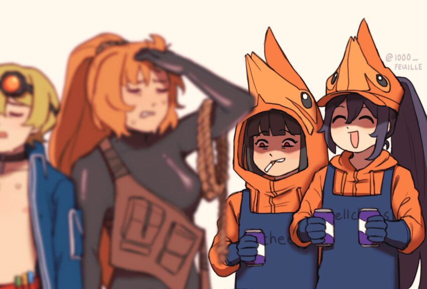 100000feuille, 2boys, 2girls, artist_name, black_wetsuit, blonde_hair, blue_coat, blue_hair