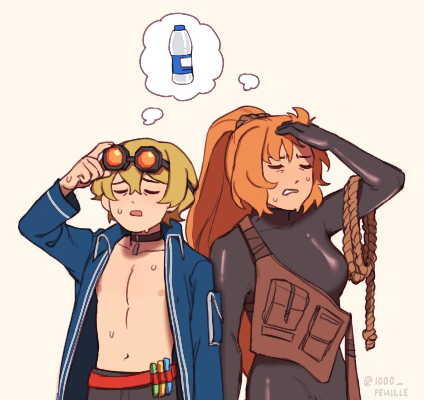 100000feuille, 1boy, 1girl, black_wetsuit, blonde_hair, blue_coat, bodysuit, bottle, coat, diving_suit, goggles, goggles_on_head, hairband, high_ponytail, highres, ishmael_(project_moon), limbus_company, load_bearing_vest, long_hair, open_clothes, open_coat, orange_hair, pants, ponytail, project_moon, rope, sinclair_(project_moon), speech_bubble, sweat, sweatdrop, thought_bubble, topless_male, water_bottle, wetsuit