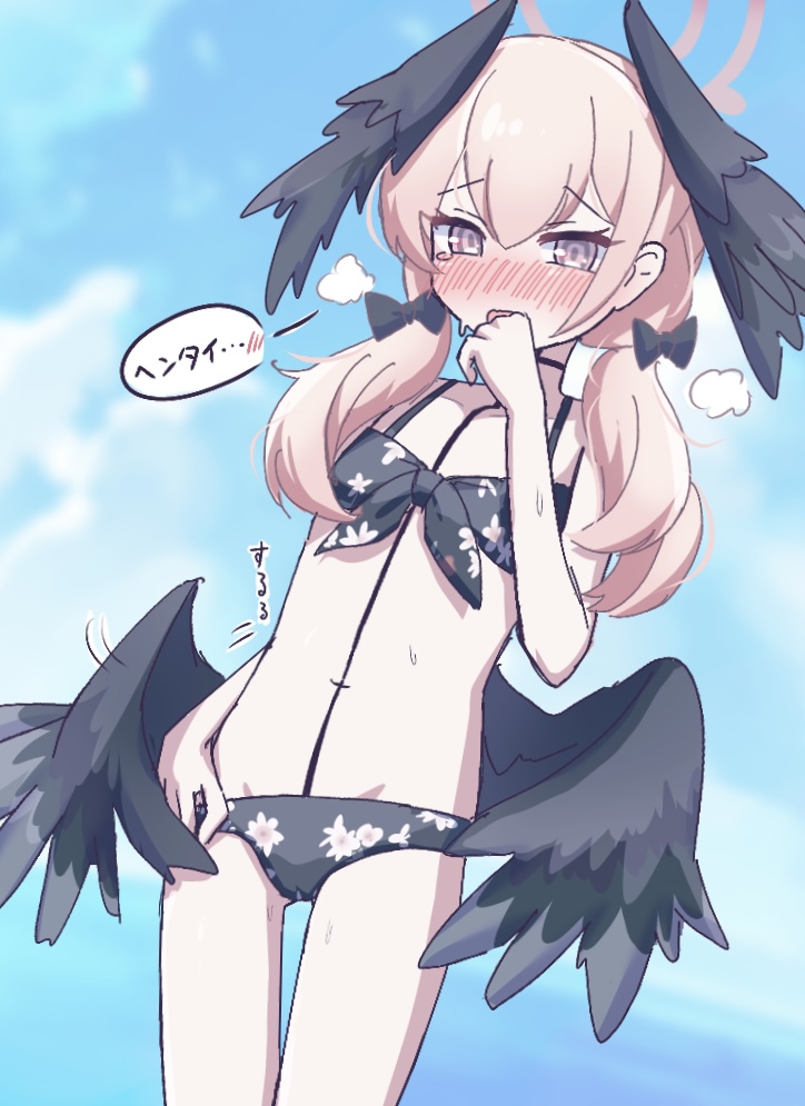 1girl, bikini, black_bikini, black_bow, black_wings, blue_archive, blue_sky, blush, bow, breasts, commentary_request, cowboy_shot, denki_blanco, feathered_wings, female_focus, floral_print, front-tie_bikini_top, front-tie_top, groin, hair_between_eyes, hair_bow, halo, hand_up, head_wings, koharu_(blue_archive), koharu_(swimsuit)_(blue_archive), loli, looking_at_viewer, low_twintails, low_wings, navel, nose_blush, official_alternate_costume, partial_commentary, pink_eyes, pink_hair, pink_halo, print_bikini, sky, small_breasts, solo, spaghetti_strap, speech_bubble, standing, swimsuit, translated, twintails, wings