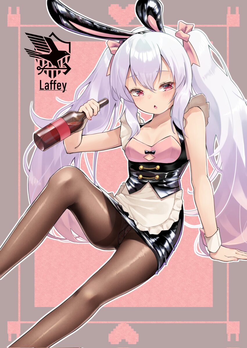 1girl, alcohol, alternate_costume, animal_ears, apron, azur_lane, black_pantyhose, blush