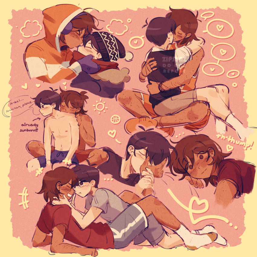 >_<, 2boys, absurdres, alternate_costume, artist_name, black_sweater_vest, brown_shorts, closed_eyes, closed_mouth, collared_shirt, dark-skinned_male, dark_skin, grey_shirt, highres, kel_(omori), kiss, male_swimwear, multiple_boys, omori, open_mouth, orange_footwear, pout, shirt, shoes, short_sleeves, shorts, sneakers, socks, sunny_(omori), sweater_vest, swim_trunks, topless_male, watermark, white_shirt, white_socks, yaoi, zipsunz