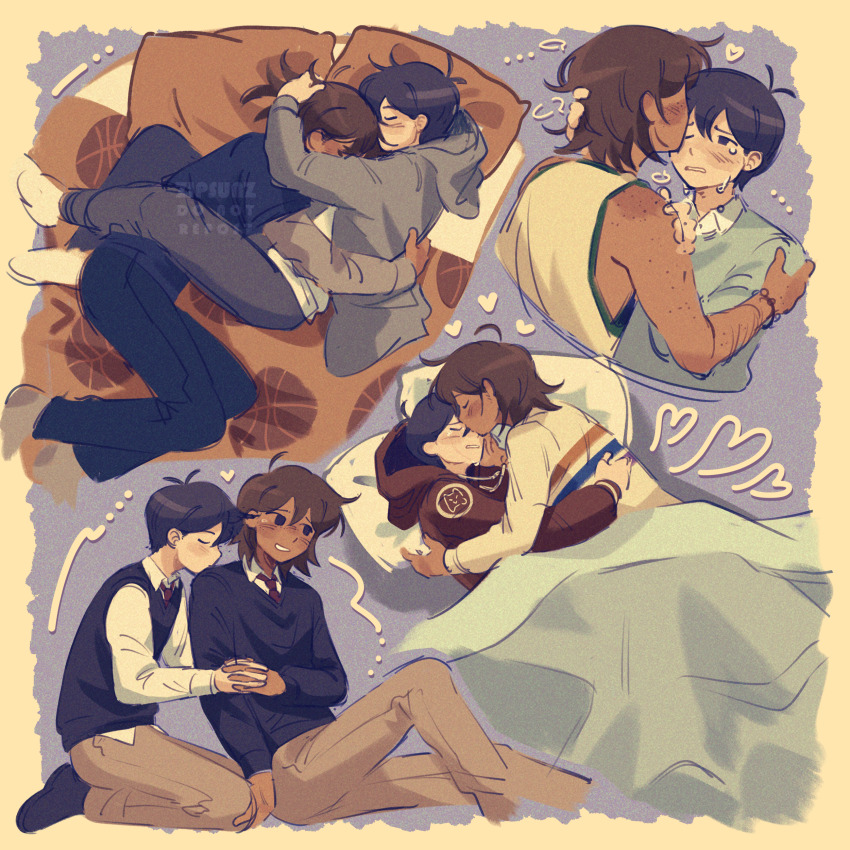 2boys, absurdres, alternate_costume, artist_name, black_eyes, black_hair, black_sweater_vest, blush