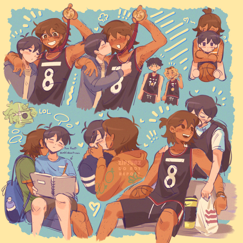 3boys, absurdres, alternate_costume, armpit_hair, armpits, artist_name, ball, basil_(omori)