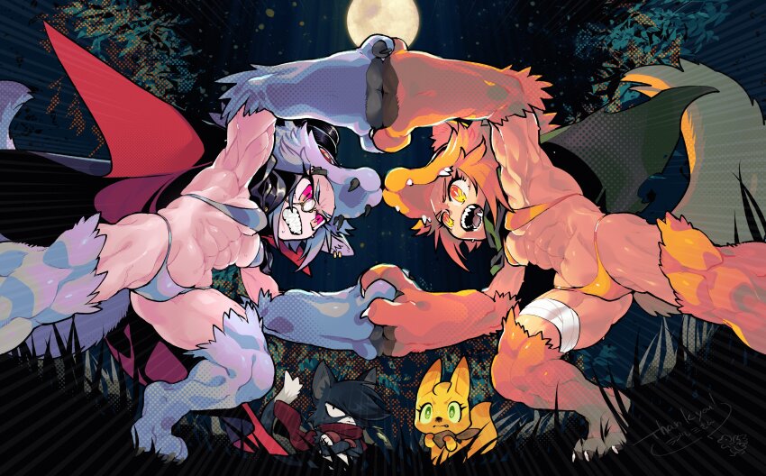 2girls, abs, absurdres, animal_feet, animal_hands, black_sky, bra, breasts, cape, cat, cat_o'_nine_tails_(ragnarok_online), clenched_teeth, commentary_request, commission, criss-cross_halter, fighting, fox, fox_girl, fox_hat, from_below, full_body, full_moon, grass, green_cape, grey_bra, grey_fur, grey_panties, halterneck, highres, holding_hands, looking_at_another, men_cho, monocle, moon, moonlight_flower, multiple_girls, muscular, muscular_female, night, open_mouth, outdoors, panties, ragnarok_online, red_cape, red_eyes, second-party_source, sharp_teeth, short_hair, skeb_commission, sky, small_breasts, teeth, underboob, underwear, v-shaped_eyebrows, yellow_bra, yellow_eyes, yellow_fur, yellow_panties