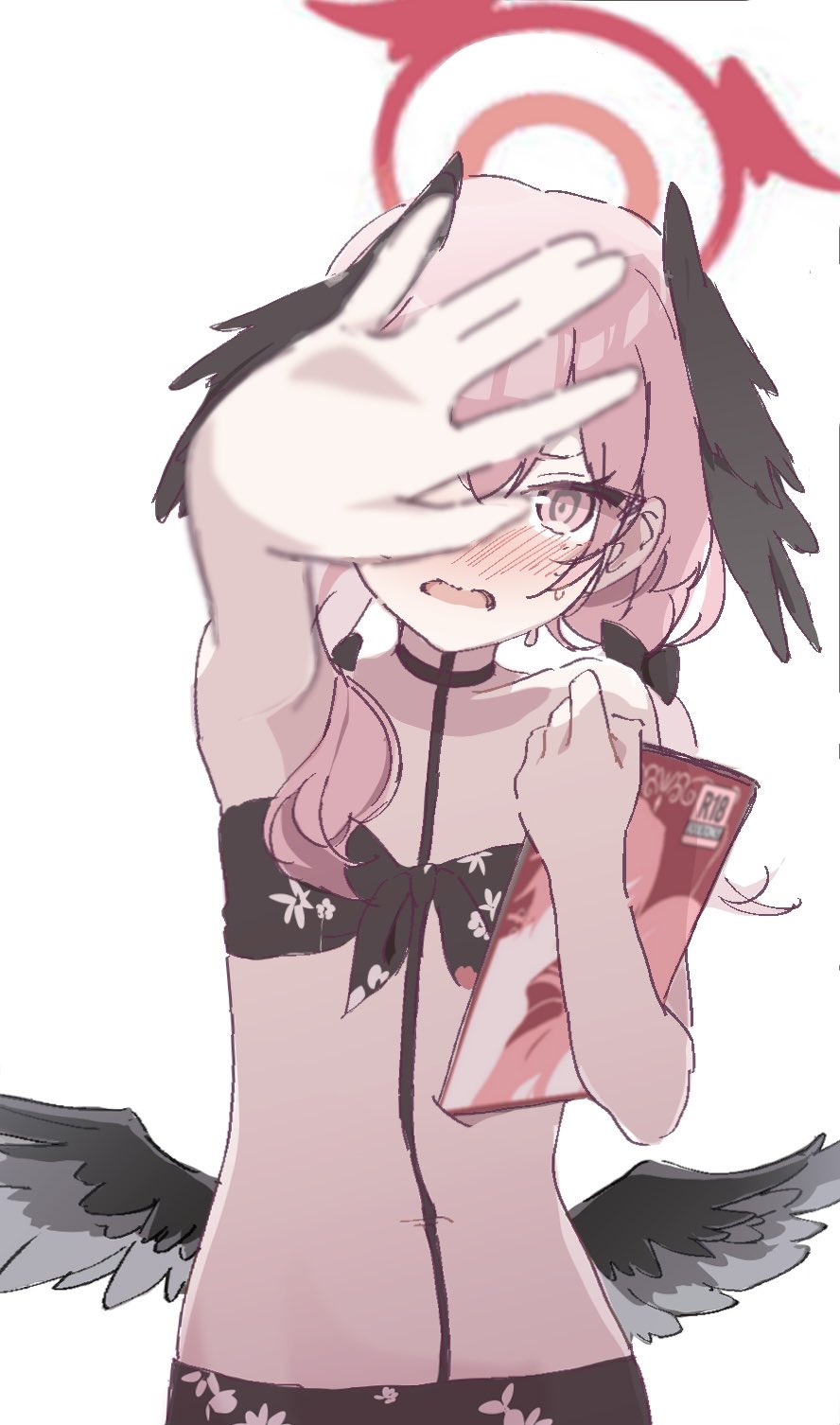 1girl, bikini, black_bikini, black_bow, black_wings, blue_archive, blush, book