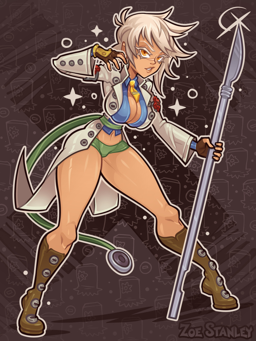 1girl, blazblue, boots, breasts, bullet_(blazblue), cleavage, cosplay, crop_top, dark-skinned_female, dark_skin, faust_(guilty_gear)_(cosplay), fingerless_gloves, gloves, highres, large_breasts, long_sleeves, micro_shorts, necktie, short_hair, shorts, white_hair, yellow_eyes, zoe_stanley