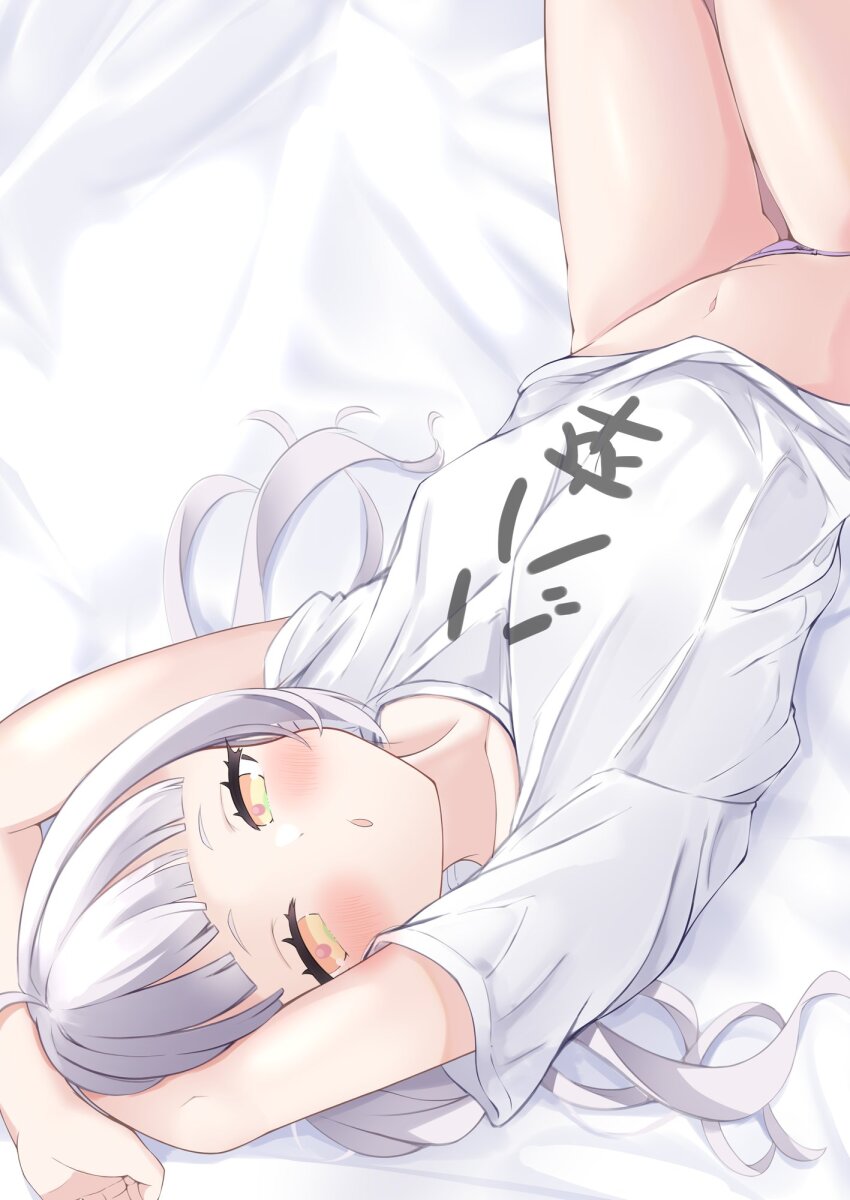 arms_up, breasts, hands_over_head, highres, hololive, lying, murasaki_shion, navel