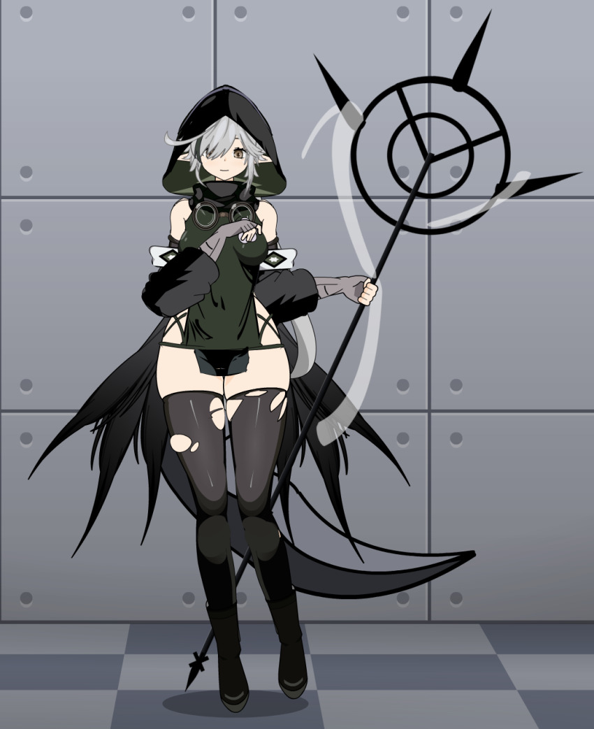 arknights, black_thighhighs, boots, breasts, crocodilian_tail, detached_sleeves, dress, dress_shirt