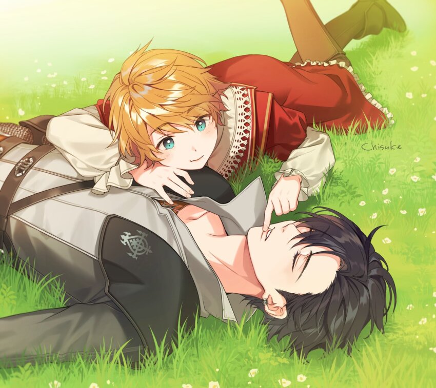 2boys, aqua_eyes, artist_name, black_hair, blonde_hair, boots, brothers, brown_footwear