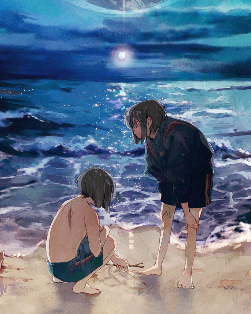 2boys, bare_legs, barefoot, beach, black_hair, blood, blood_on_ground, blue_male_swimwear