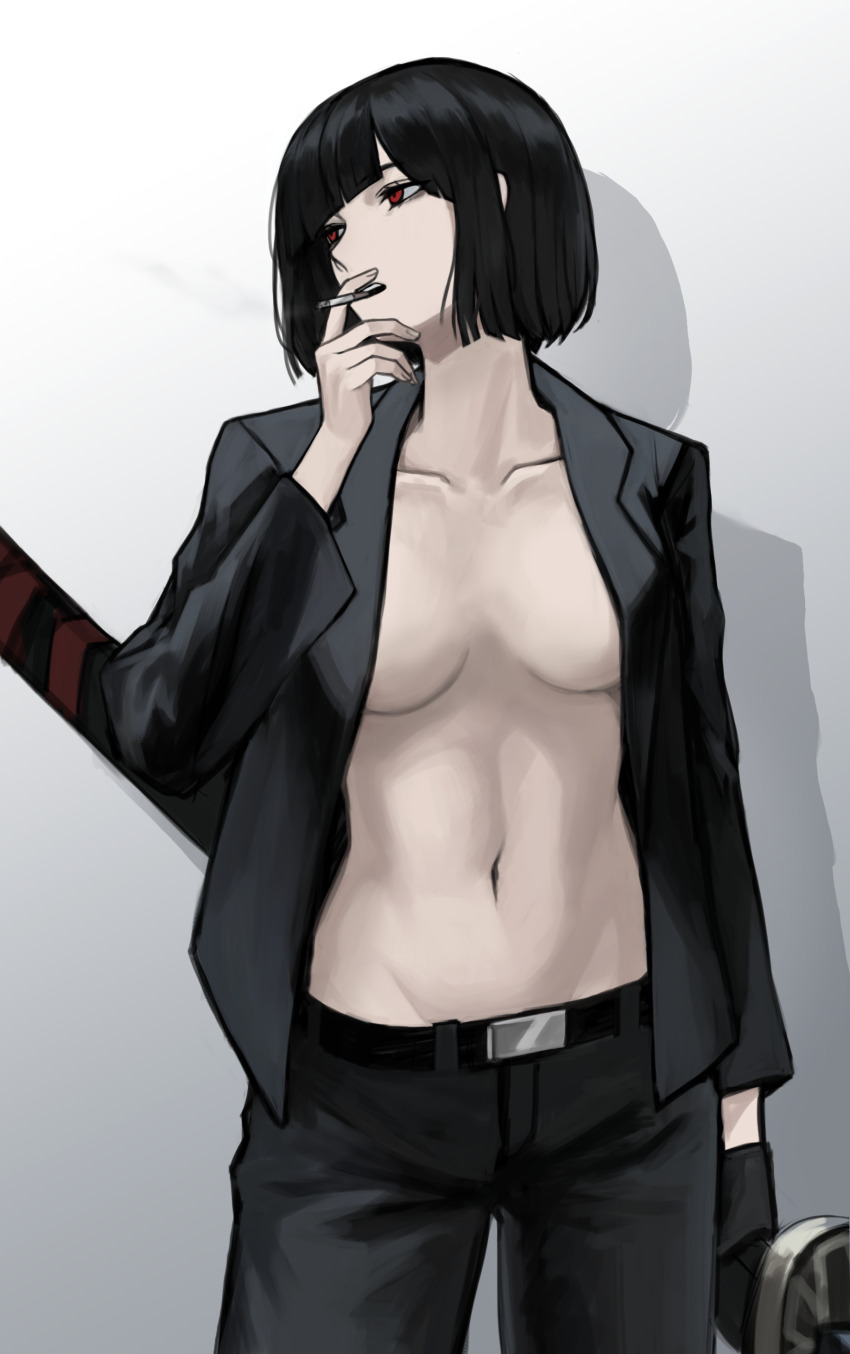 1girl, absurdres, badnick69_(camchi), belt, black_belt, black_gloves, black_hair, black_jacket, black_pants, blunt_bangs, bob_cut, breasts, cigarette, collar, commentary_request, cowboy_shot, gloves, gradient_background, highres, holding, holding_sword, holding_weapon, jacket, korean_commentary, lapels, limbus_company, long_sleeves, medium_breasts, naked_jacket, notched_lapels, open_mouth, pants, project_moon, ryoshu_(project_moon), shadow, sheath, sheathed, short_hair, single_glove, smoke, smoking, solo, standing, sword, teeth, upper_teeth_only, weapon, white_background