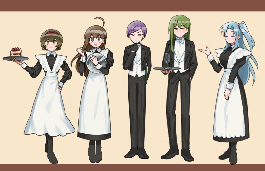 >:), ahoge, alternate_costume, angela_(project_moon), apron, black_dress, black_gloves, black_jacket