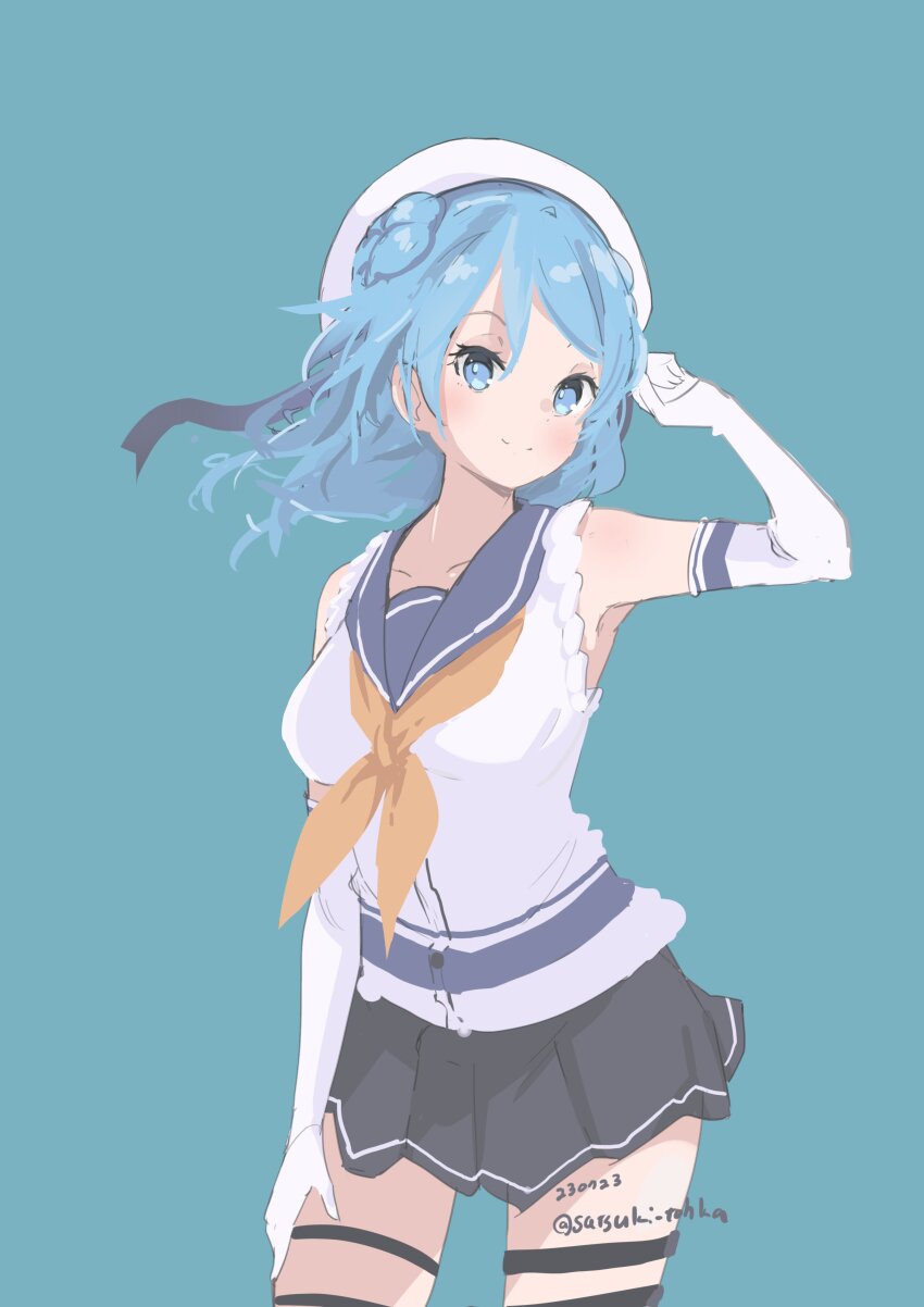 1girl, absurdres, black_skirt, blue_eyes, blue_hair, blue_sailor_collar, commentary_request, dated