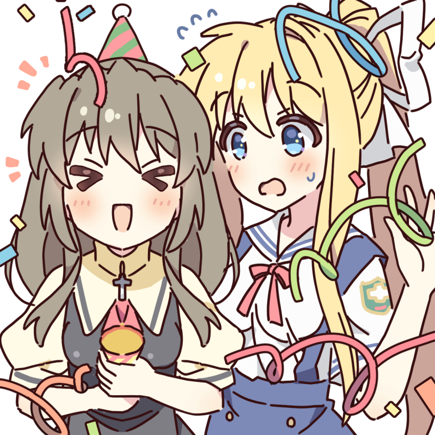 >_<, 2girls, air_(visual_novel), badge, black_dress, blonde_hair, blue_eyes, blue_skirt