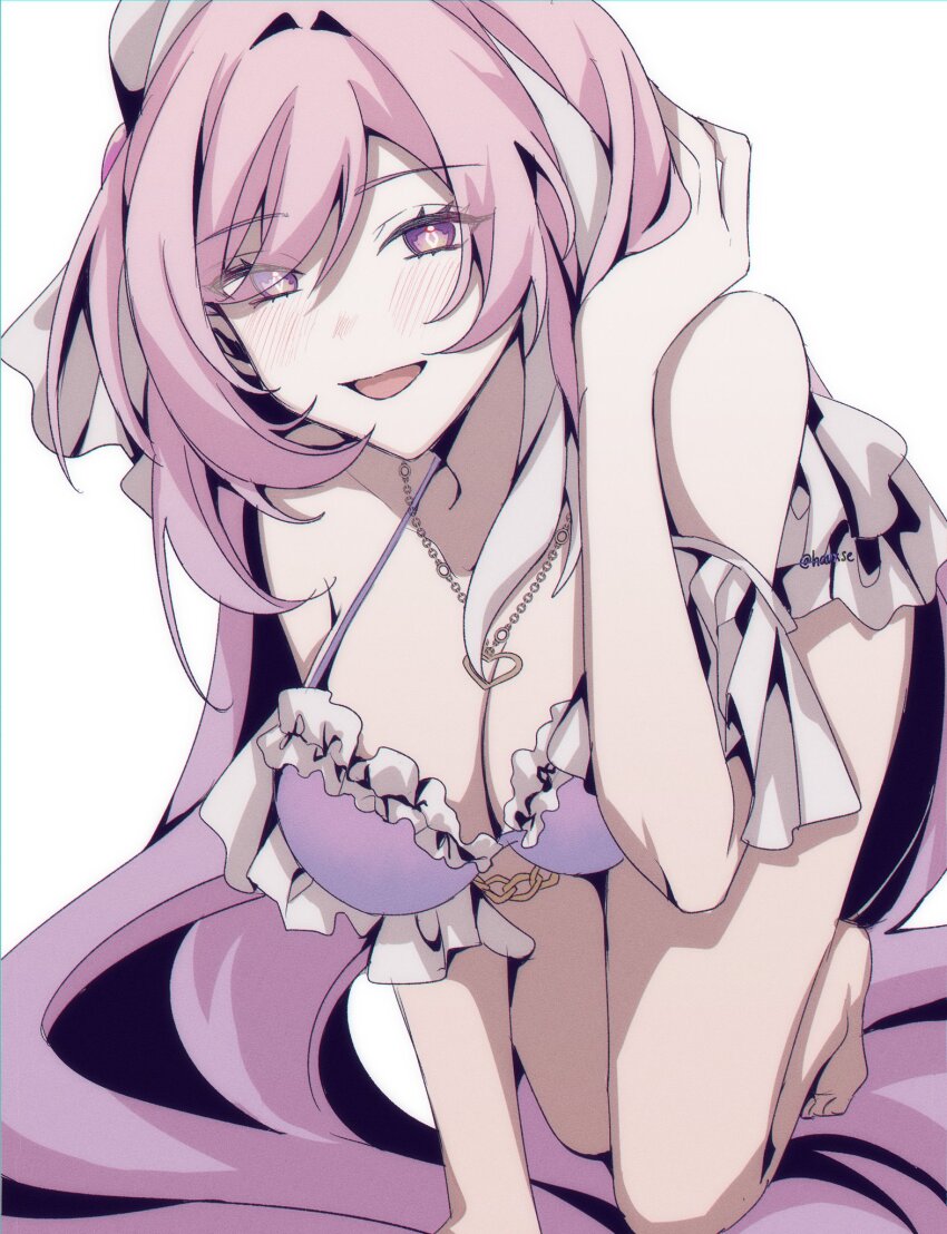 1girl, all_fours, barefoot, bikini, breasts, cleavage, commentary, elysia_(herrscher_of_human:_ego)_(honkai_impact)