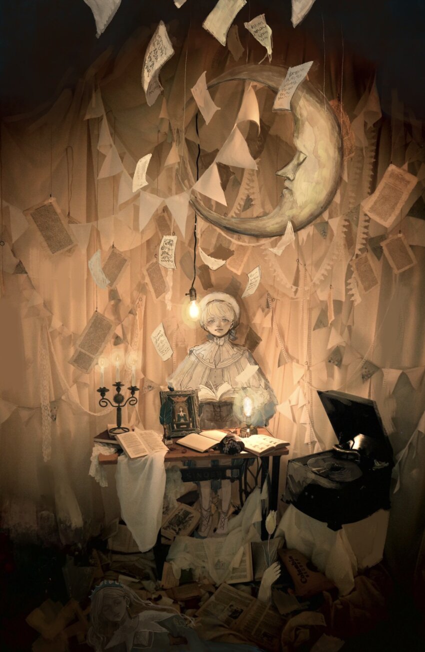 1girl, book, candle, commentary_request, crescent_moon, fire, highres, light_bulb, limited_palette, looking_at_viewer, moon, ohg_m3, open_book, original, paper, shoes, short_hair, solo, table, white_hair, white_headwear, white_shoes